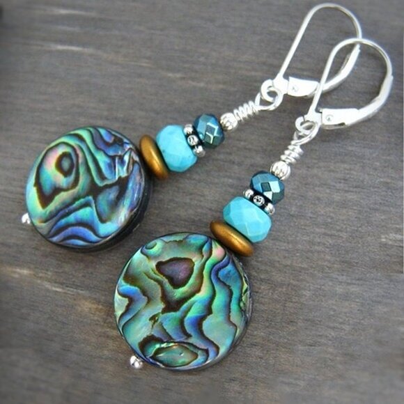 Abalone Earrings Sterling Silver Leverback Dangles - Picture 2 of 8